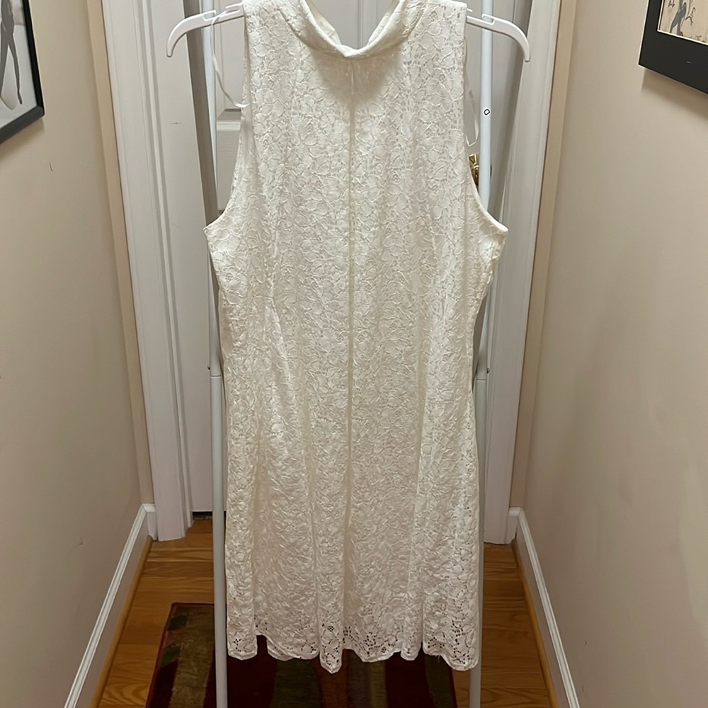 Bobbie Bee Lace Sleeveless Swing Dress with lining Tie mock Neck knee length